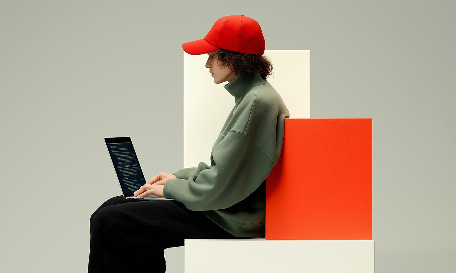Person on Geometric Structure with Laptop