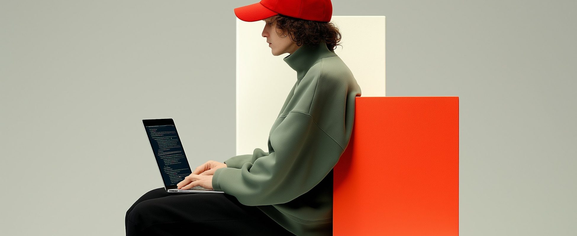 Person on Geometric Structure with Laptop