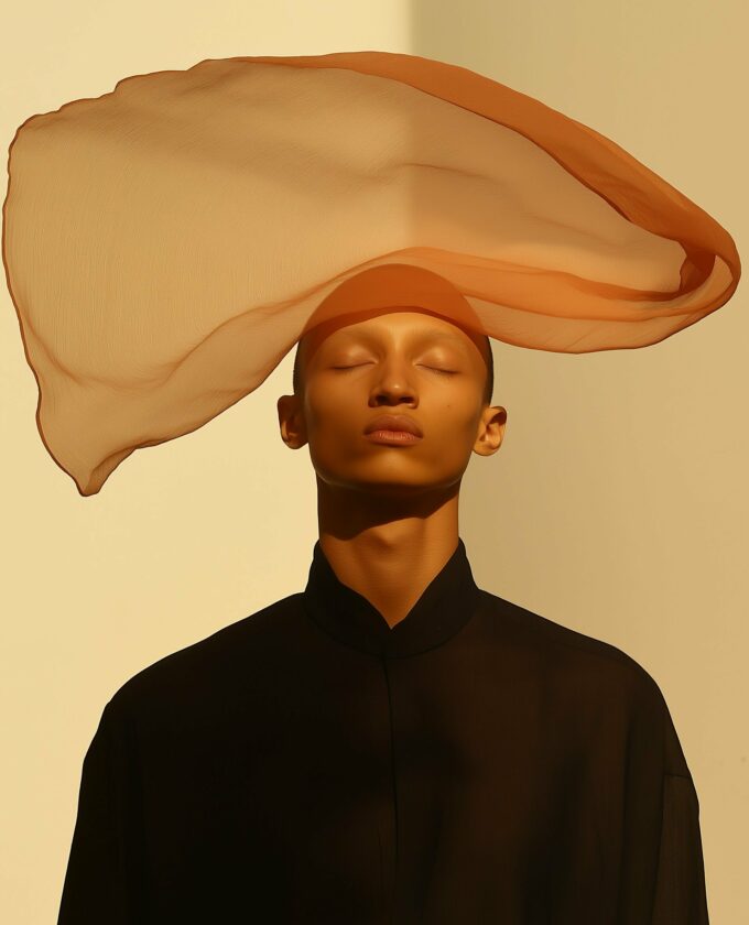 Serene Portrait with Flowing Fabric